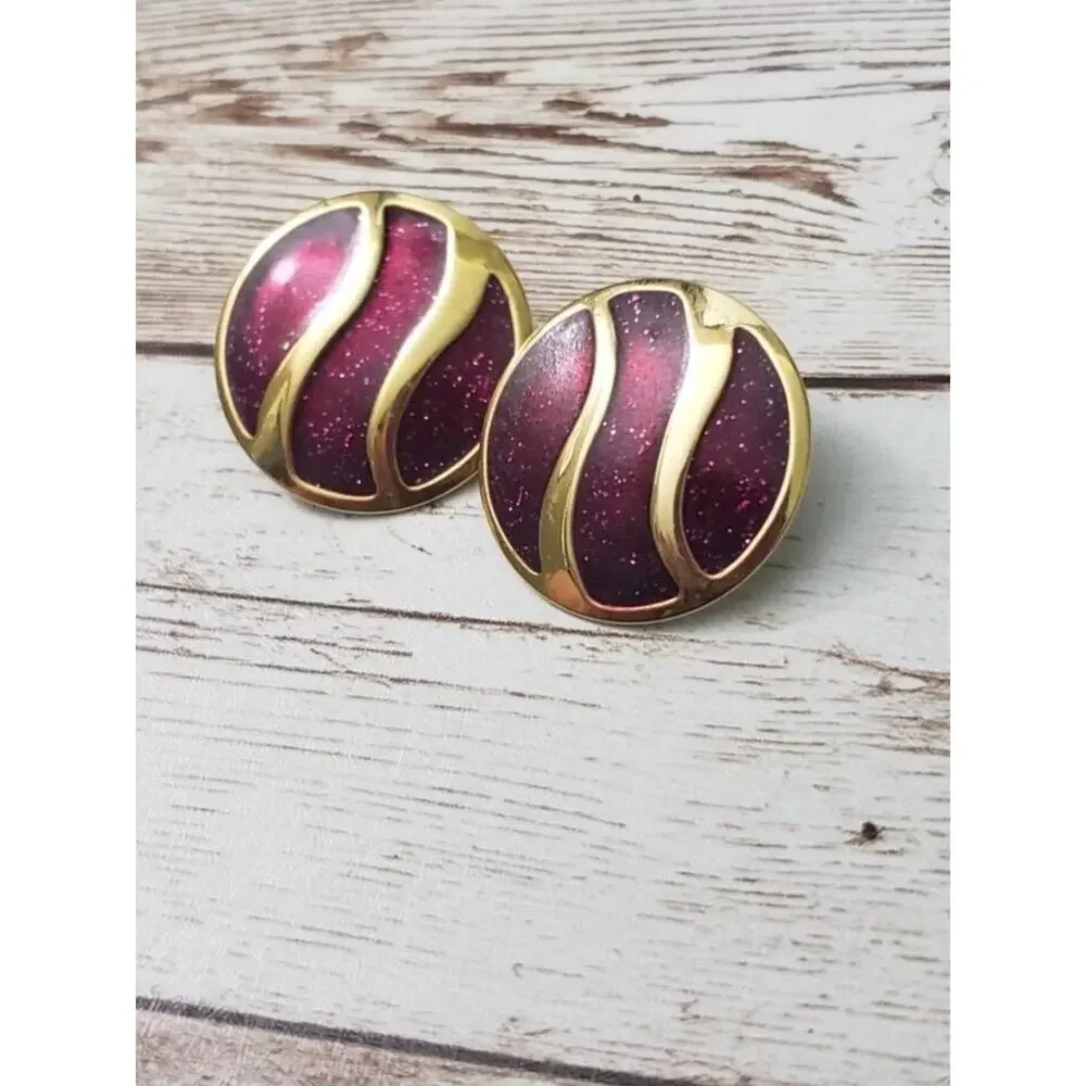 Vintage Clip On Earrings - Dark Red With A Slight Purple Hue Statement